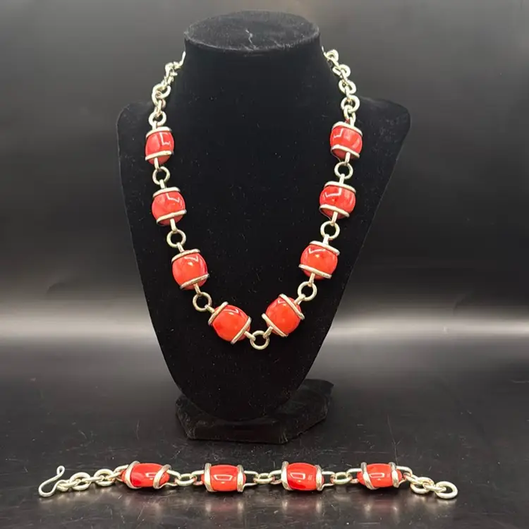 Sterling Silver Necklace And Bracelet With Coral Glass Cabochons