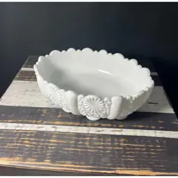 VTG Fenton Daisy & Button Scalloped Rim Footed Oval Milk Glass Candy Dish