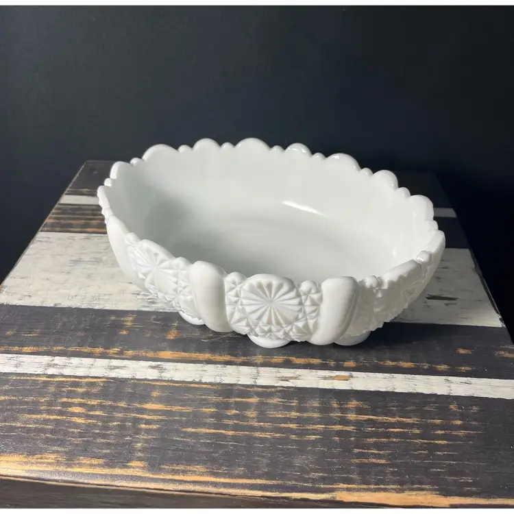 VTG Fenton Daisy & Button Scalloped Rim Footed Oval Milk Glass Candy Dish