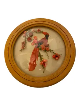 Red Bird Dried Flowers Domed Glass Frame Real Feathers
