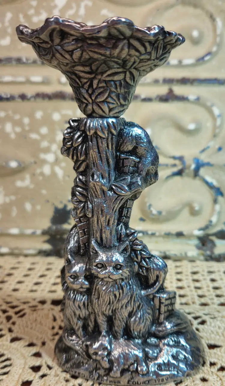 Vintage 1989 Arthur Court Cast Aluminum Pillar or Candlestick Holder Cats 6.25"