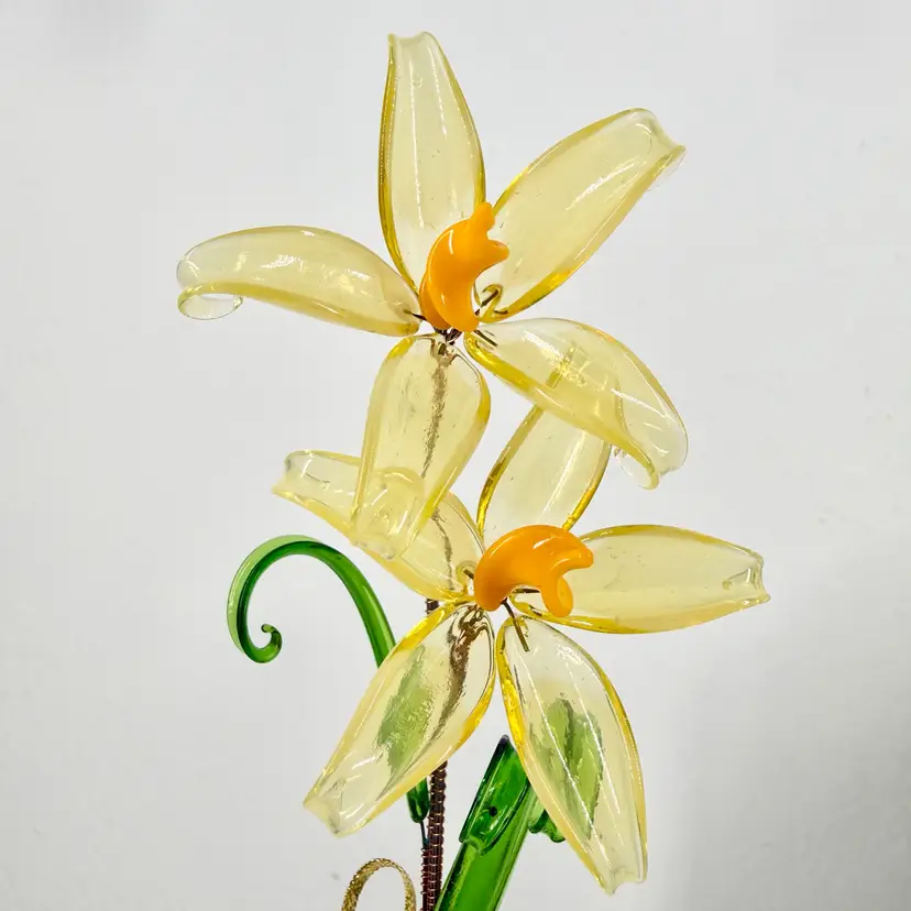 Czech Glass Floral Bouquet with Vase. Yellow, Green, Orange, Clear. Hand Crafted. NOS. 10” X 3”
