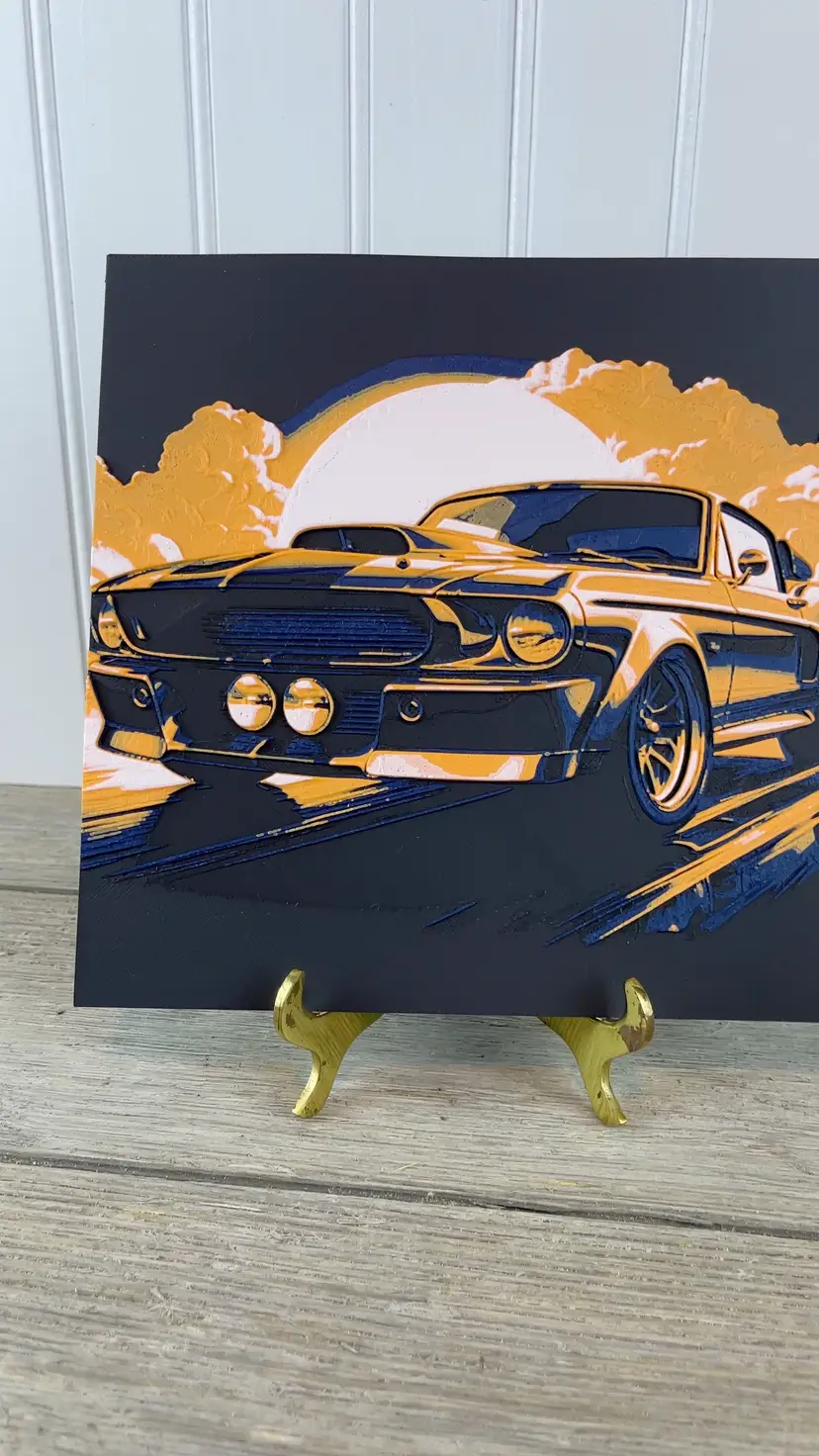 Mustang Morning, 3D Printed Wall Art, Mustang in the Morning Sunrise, Car Art, Hueforge Art Print, Textured Art, Mancave Decor, Gift for Him