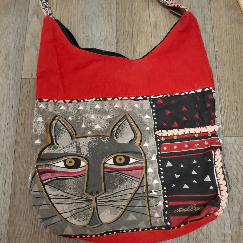 Laurel Burch Red Cotton Cat Face Tote Bag With Triangular Patterns Braided