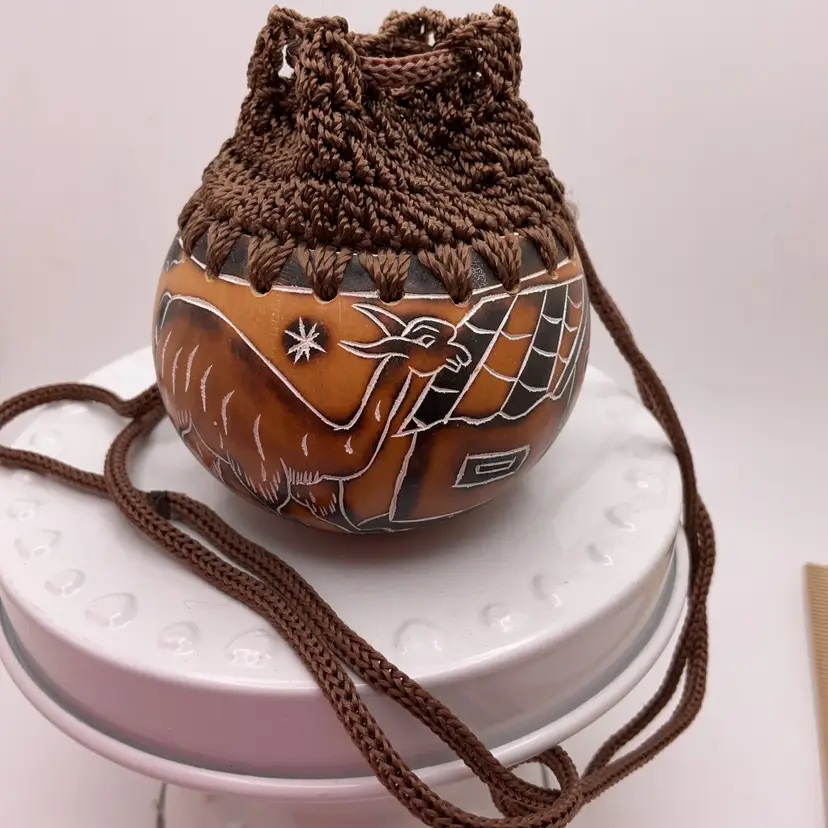 POW3 Gourd with Crochet Drawstring Purse Medicine Bag VLLAGE Hand Carved & Painted 3”