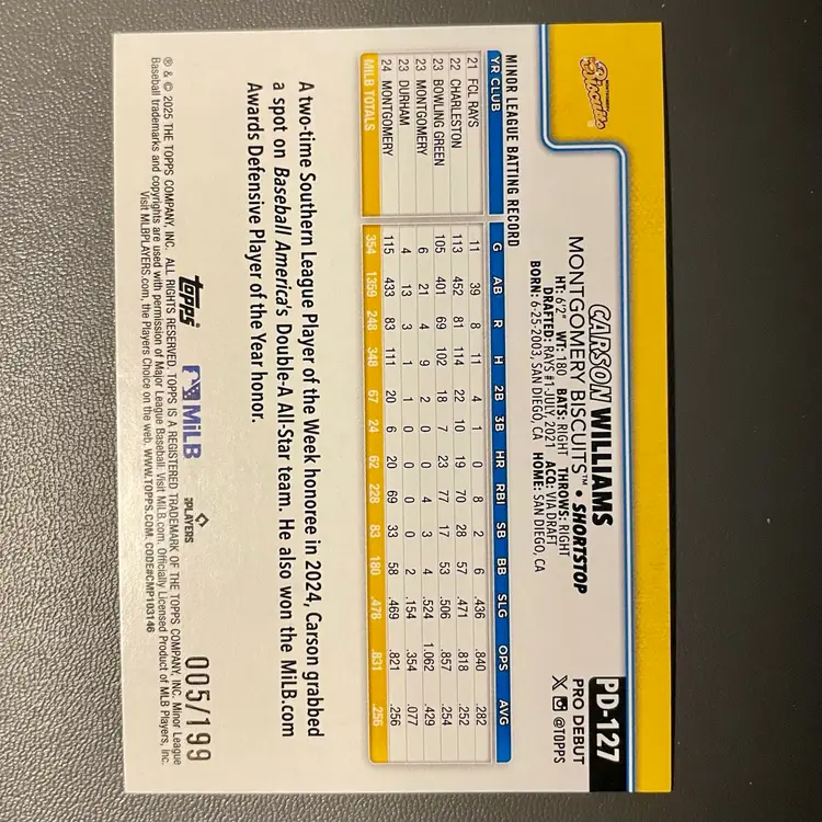 Carson Williams (Tampa Bay Rays) 2025 Topps Pro Debut) Fuchsia Parallel /199