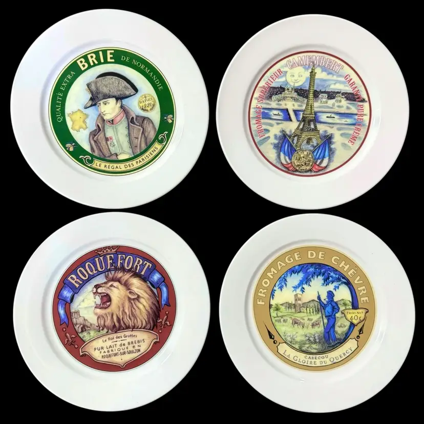 Set of 4 Vintage Restoration Hardware Appetizer Plates French Cheese 2002 8”