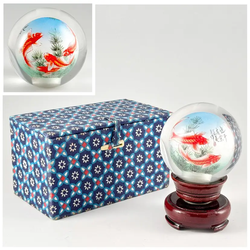 Chinese Reverse Painted Glass Koi Pond Ball on Stand Fish Paperweight Orb Vtg