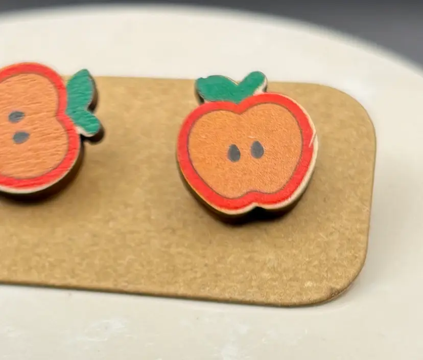 Apple Earrings, small posts, wood and paper, teacher gift