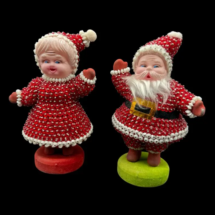 Vintage Christmas Kitsch Beaded & Sequin Mr & Mrs Santa Claus 7.5" Figurines