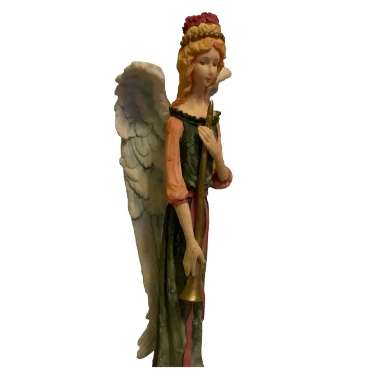 32. Gorgeous 12.5” Tall Angel Figurine Wearing Grassy Green Color Dress And Holding A Gold Color Musical Instrument