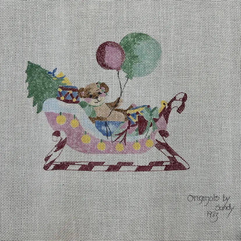 Stitch Painted Needlepoint Bear On Christmas Sled Tree Balloons 18x18" 13 Point Canvas