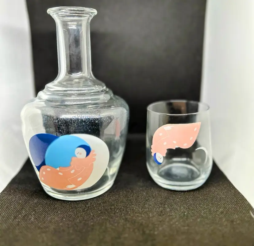 Tumble Up Bedside Carafe MCM Glass Set With Pink Blue Spheres Moon Sleeping Baby