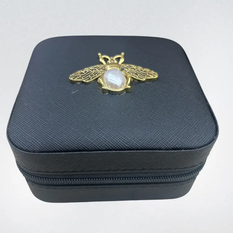 Queen Bee Hand-Embellished Travel Jewelry Case – Black Compact Organizer with Gold Bee – Ring & Earring Storage