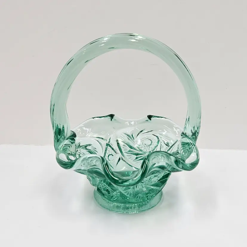 Fenton 4" Miniature Seamist Green Glass Basket Pinwheel Pattern