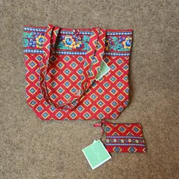 7Pc Vera Bradley Villa Red Tote Wallet Wristlet Checkbook Quilted Handbag Purse