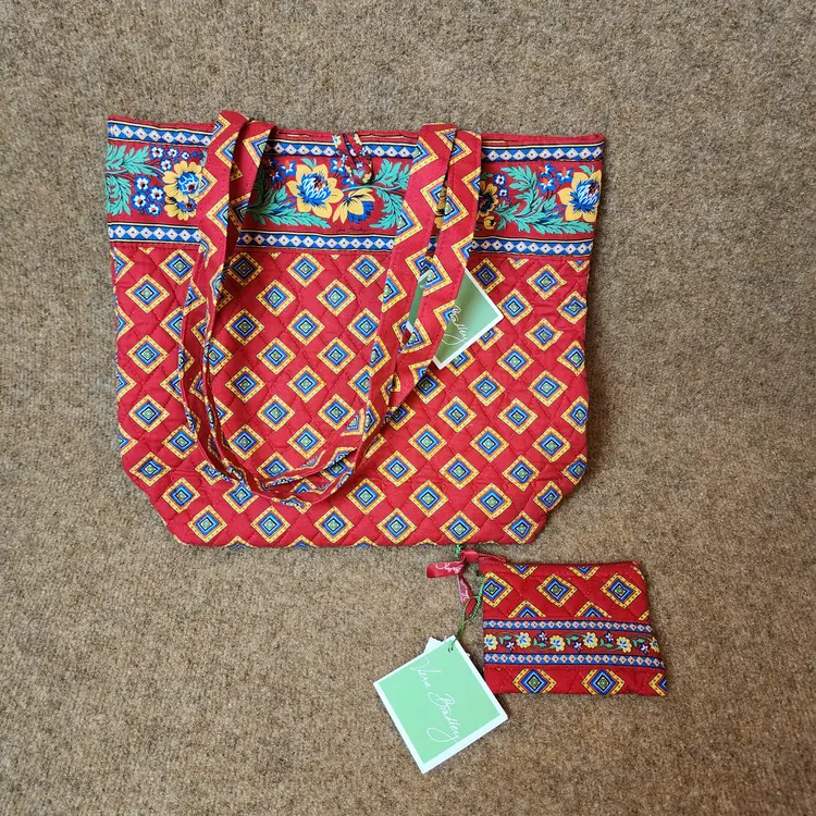 7Pc Vera Bradley Villa Red Tote Wallet Wristlet Checkbook Quilted Handbag Purse