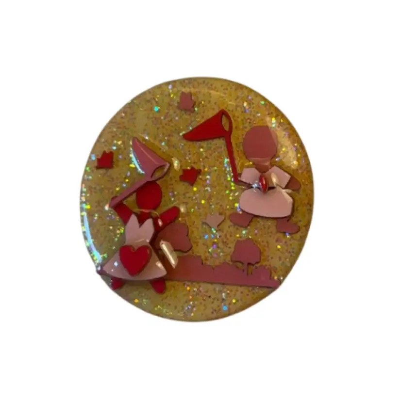 Lucinda Pin “Catching Butterflies On Valentine’s Day” Round Pin - Rare - 2” Diameter