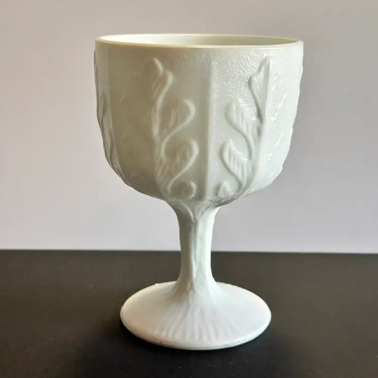 #953 FTD 6.5” Tall Goblet Milk Glass Compote Pedestal Candy dish with Oak Leaf Design