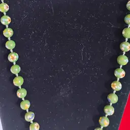 Vintage, 1950's, 24 inch, Green Cloisonne Beaded Necklace, with white florals, Hand Knotted, Gold toned clasp.