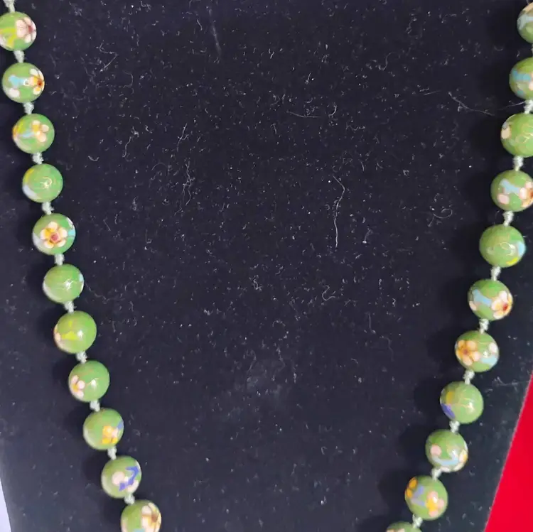Vintage, 1950's, 24 inch, Green Cloisonne Beaded Necklace, with white florals, Hand Knotted, Gold toned clasp.