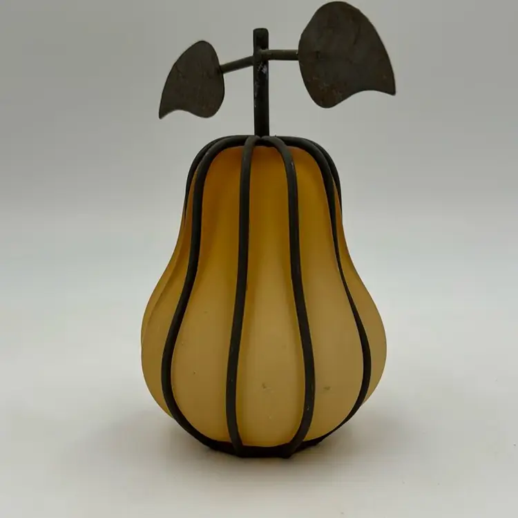 Vintage Blown Bubble Glass, Frosted Pear With Metal Caging. Brutalist Votive