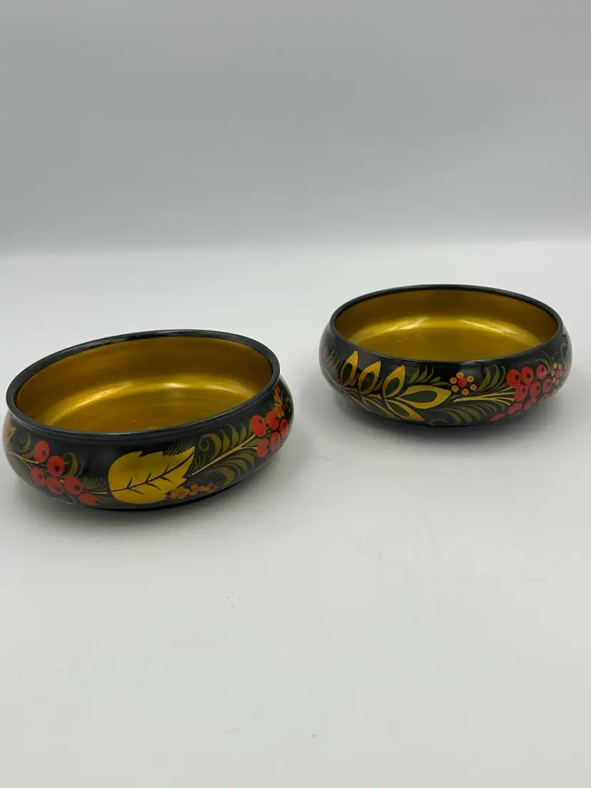 2 Vintage Russian Khokhloma hand, painted lacquer, wood, folk art bowls