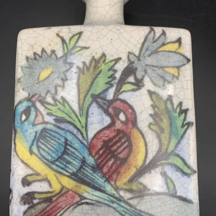 Pottery Barn Deer Flowers Faux Crazing Texture Iznik Square Stoneware Vase