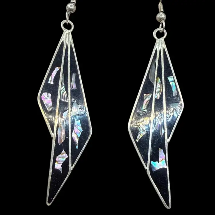 vintage Mexican Alpaca silver dangle earrings with black enamel and abalone shell inlay.