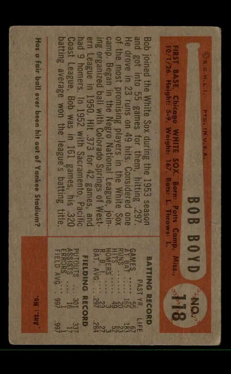 1954 Bowman #118 Bob Boyd - (pk-tl3) - Chicago White Sox