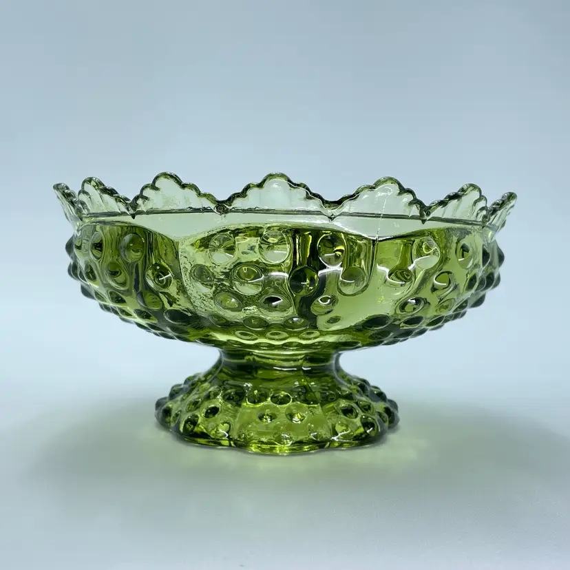 Fenton Glass Olive Green Hobnail Candle Holder Bowl Home Decor