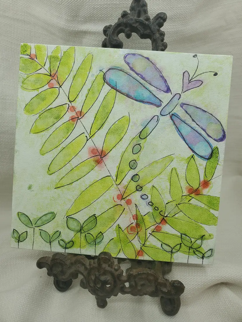 DRAGONFLY AND FERN 
Handpainted Whimsical Greenery With Dragon Fly  6" X 6" Canvas Panel Done In India Ink