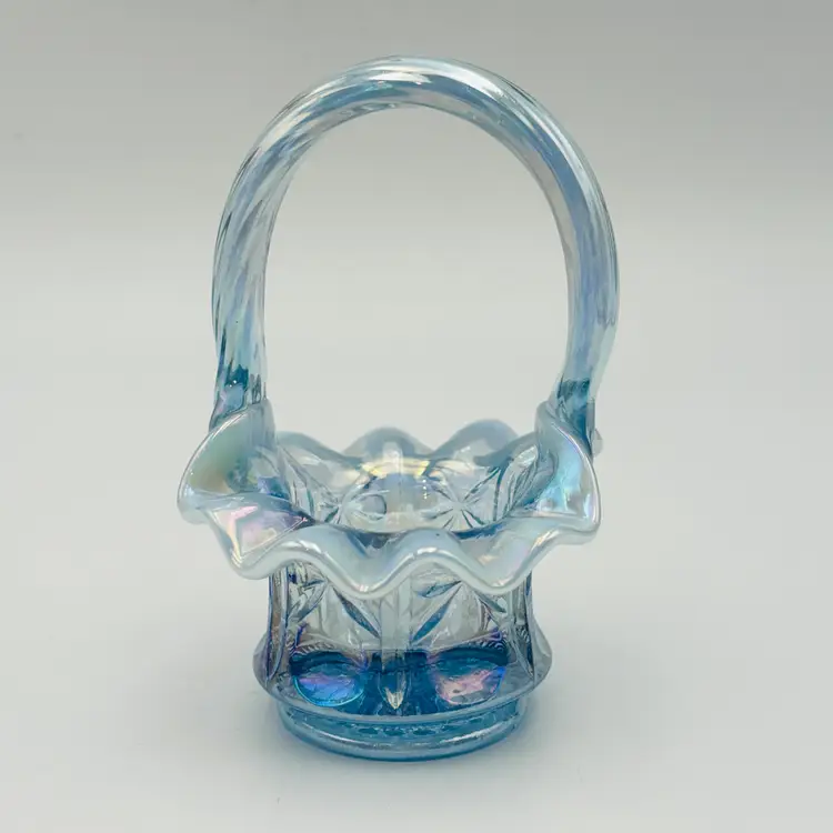 Fenton Art Glass Mini Basket Iridescent Opalescent Glass Blue Applied Handle