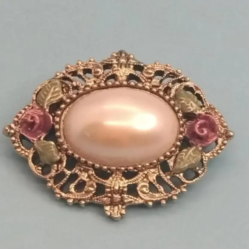 Vintage Gold Tone Filigree Brooch with Faux Oval Ivory Cabochon, And Enameled Roses And Leafs, By 1928