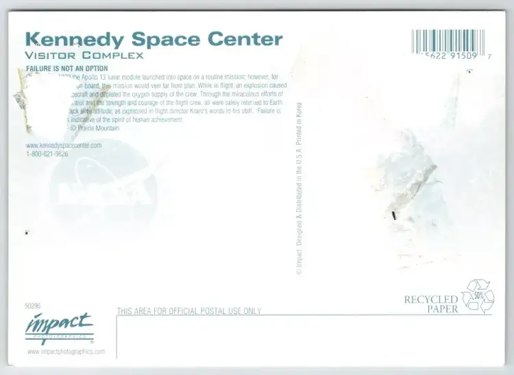 Postcard Failure in Not an Option Kennedy Space Center Apollo 13 NASA - 10139