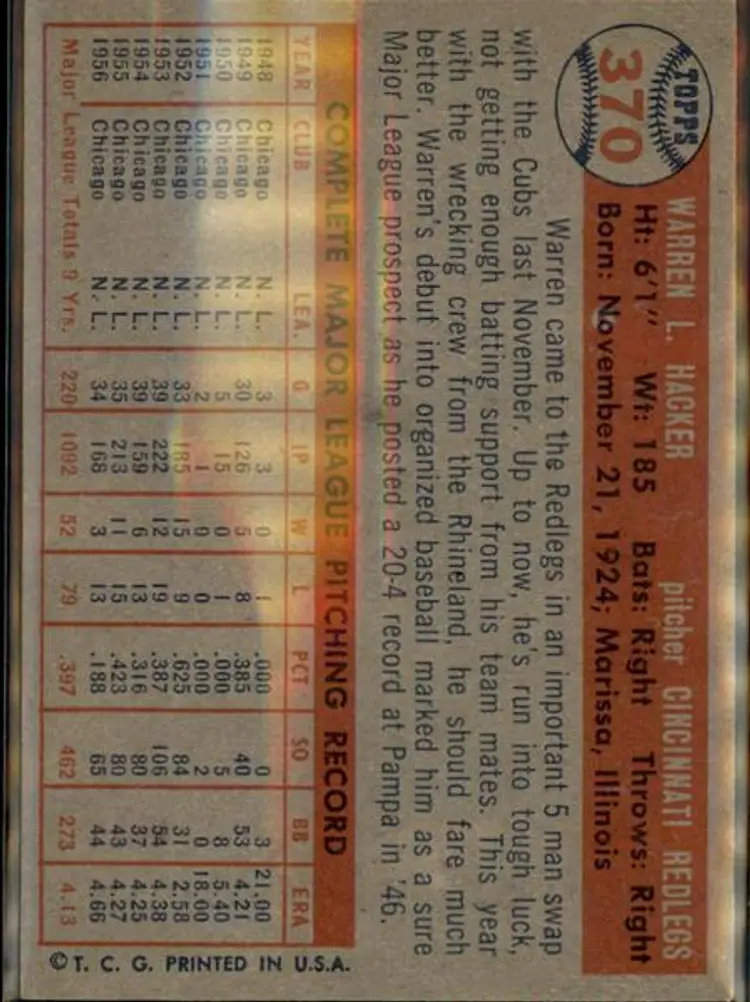 1957 Topps #370 Warren Hacker - ( pk1 ) - Cincinnati Redlegs