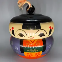 Vtg Japanese 70s Lacquer Stacking Box Kokeshi Doll Trinket Bento Bowls