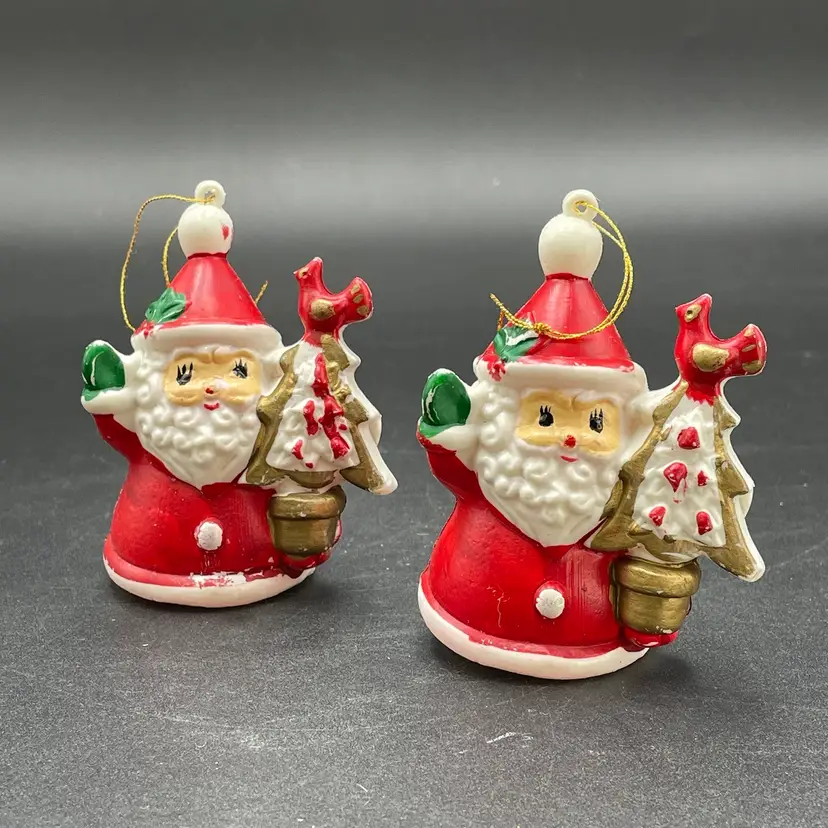 Blow Mold Santa with Tree Cardinal Christmas Ornaments Set of 2 Kitsch Kitschy