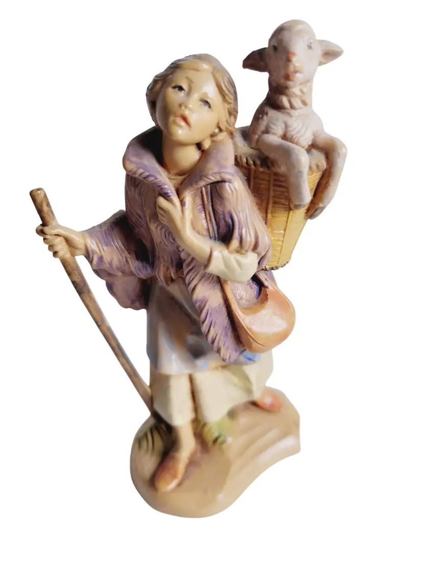 Miriam by Fontanini Young Shepherdess and Lamb in Woven Basket Holding a staff