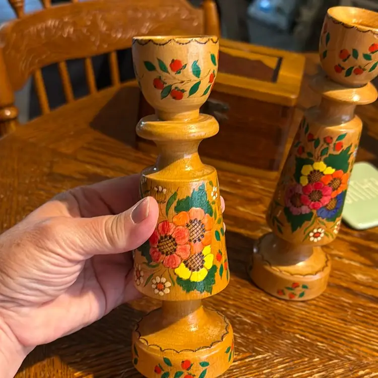 Candlesticks VTG Hand Painted Folk Art On Wood Beautiful Details