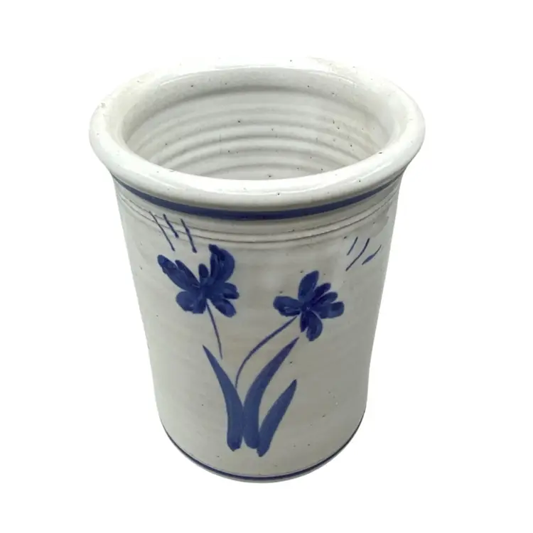 Pottery Utensil Crock Floral Blue White CottageCore Modern Garden 7” Thomas Jones 1987