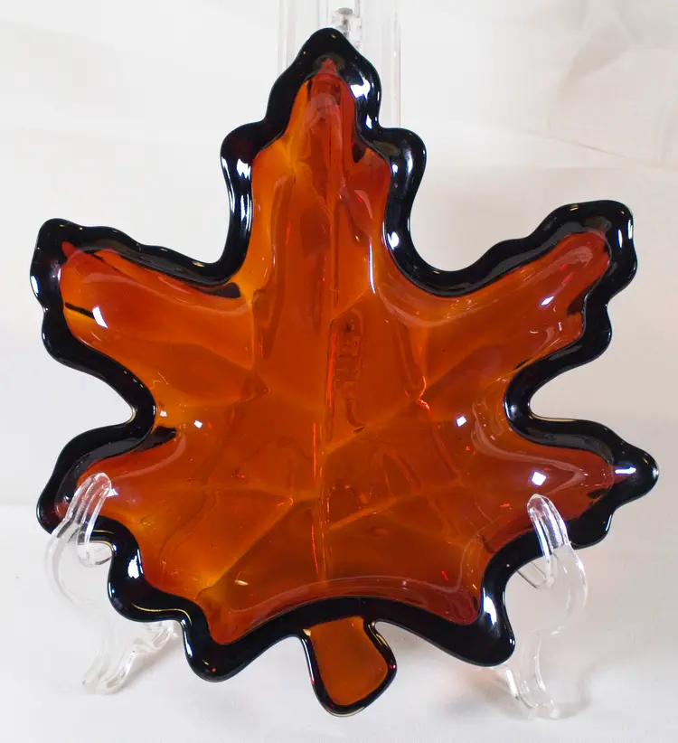 Vintage Amber Glass Maple Leaf Candy Dish Fall Autumn 9"