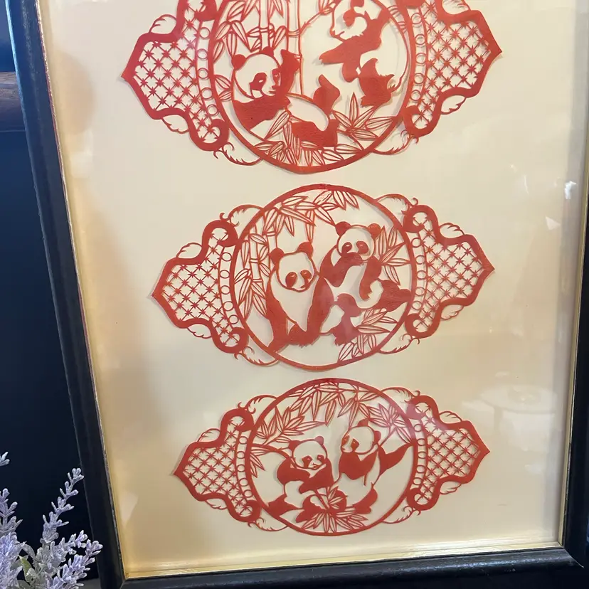 Jianzhi Chinese Folk Art Paper Cut Silhouettes Pandas Playing