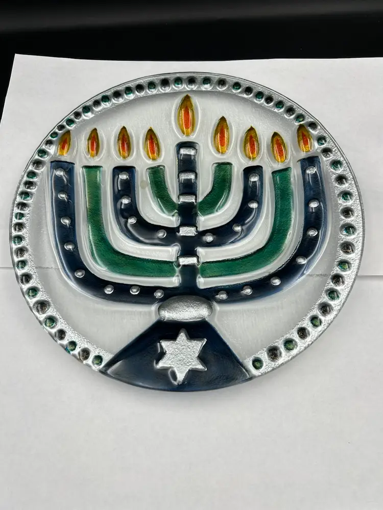 Hand Blown Glass Plate, Menorah Design, Hanukkah, Lori Selbert For Silvestri