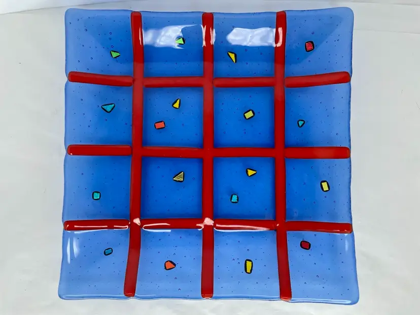 Fused Art Glass Trinket Dish Tray Abstract Geometric Pattern 8.75” Checkerboard
