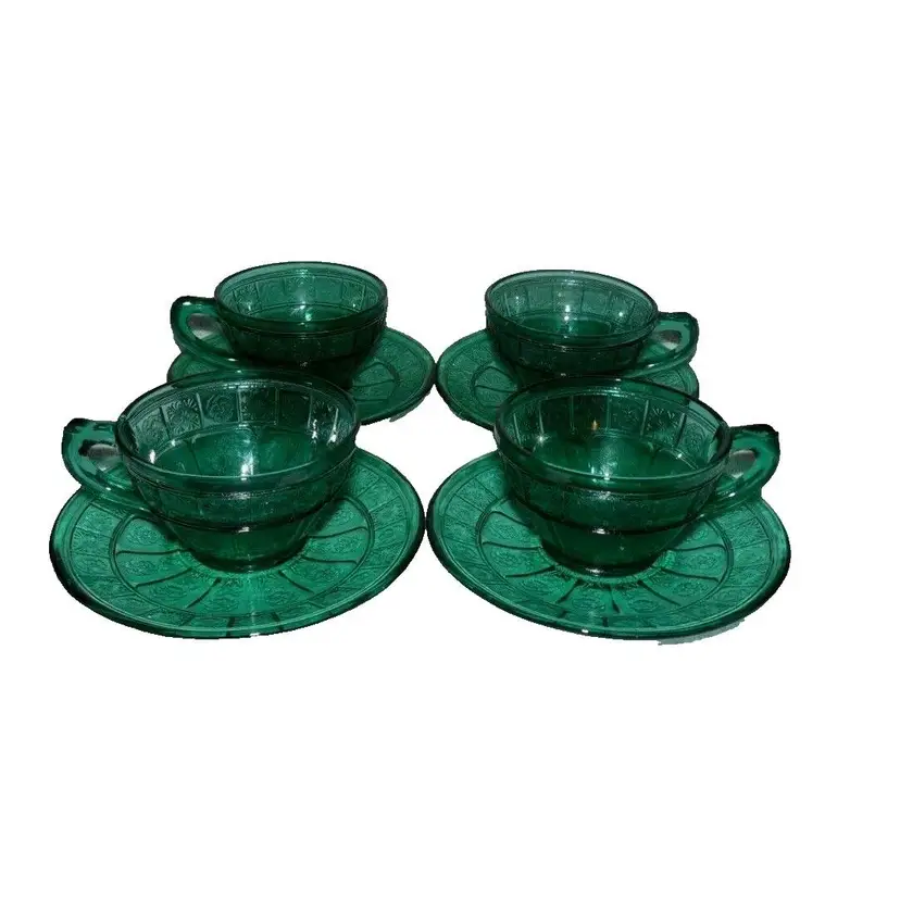 #01 Jeannette Glass, Ultramarine Doric & Pansy 4 Cup & Saucer Sets, RARE! Depression