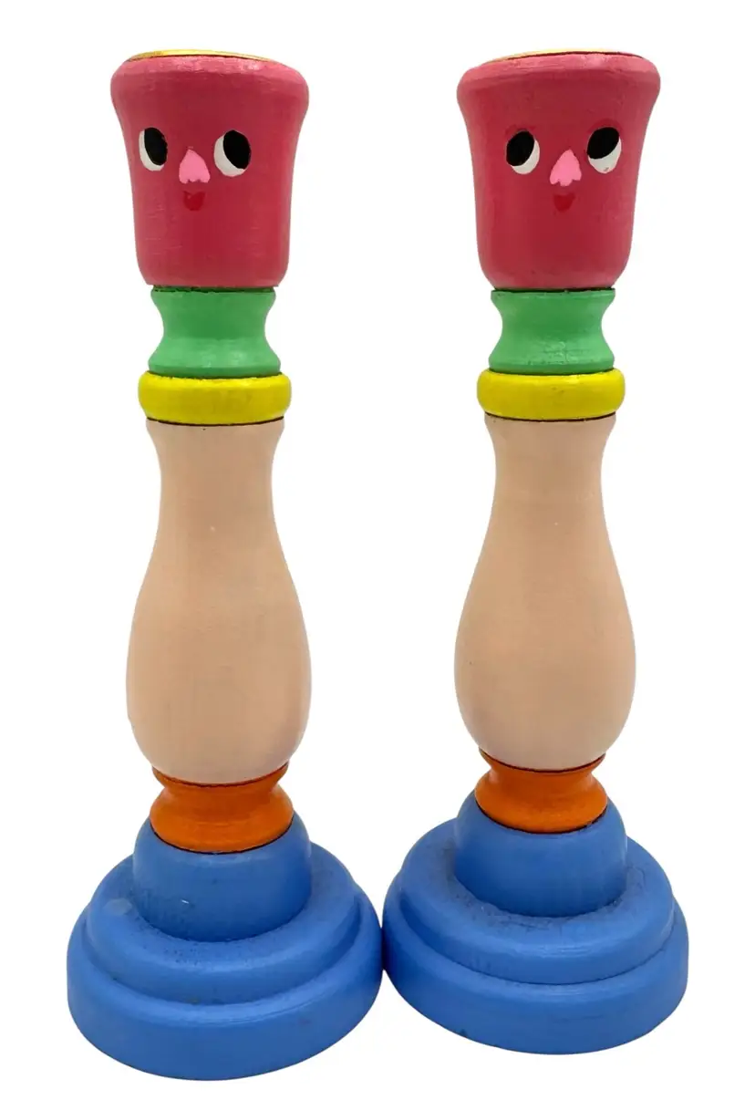 Set of 2 Hand Painted Wood Candlesticks Colorful Face Cartoon Happy Homebody 7β