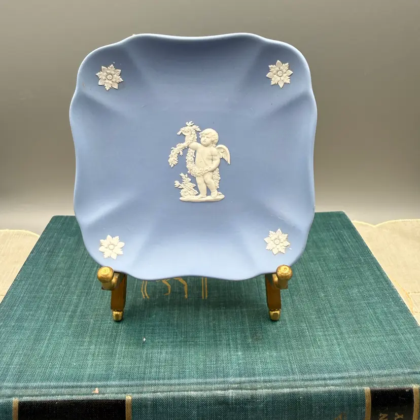 Vintage Wedgwood Blue Jasperware Square Trinket Dish / Pin Tray 4”