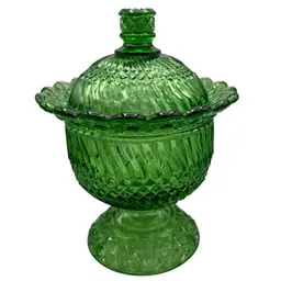 L.E Smith  Daisy & Button Green Glass Compote Candy Dish W/Lid & Scalloped Edge