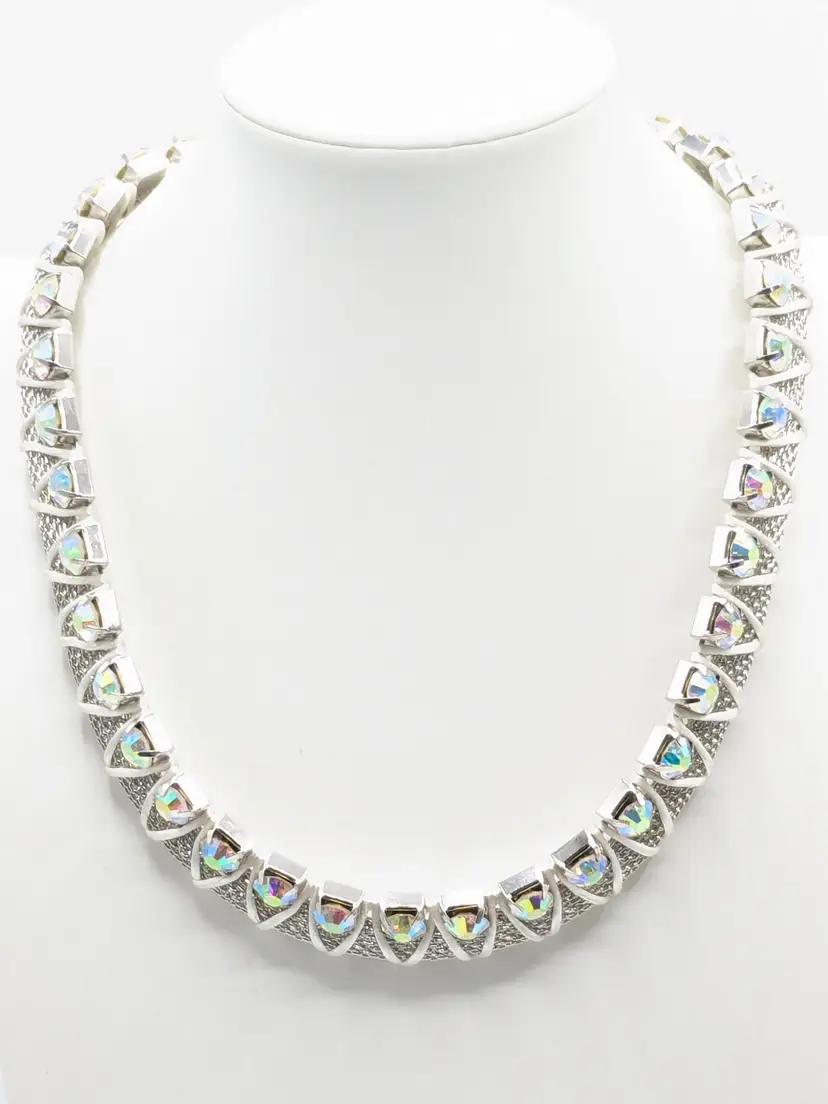 Aurora Borealis Rhinestone Necklace Silver Tone Mesh Chain with White Cording